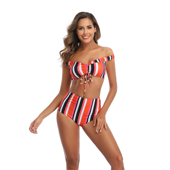 Vertical stripe printed stitching swimsuit Lion-Tree