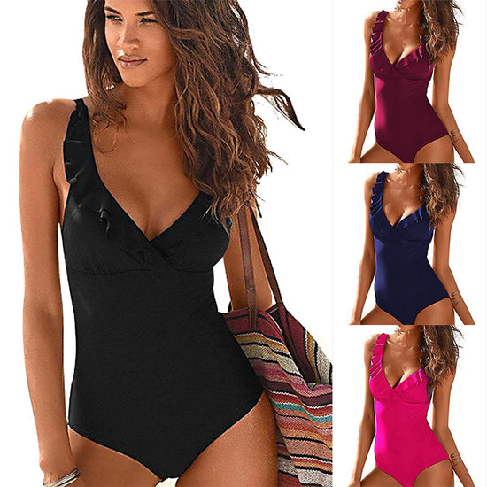 Swimsuit Sexy One-Piece V-neck Ruffled Swimsuit Amazon Hot Style Swimsuit Women Swimwear Lion-Tree