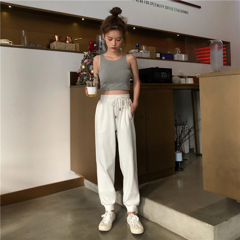 White Pants Loose And Thin Waist Pants Sports Pants High Waist Casual Pants Women&