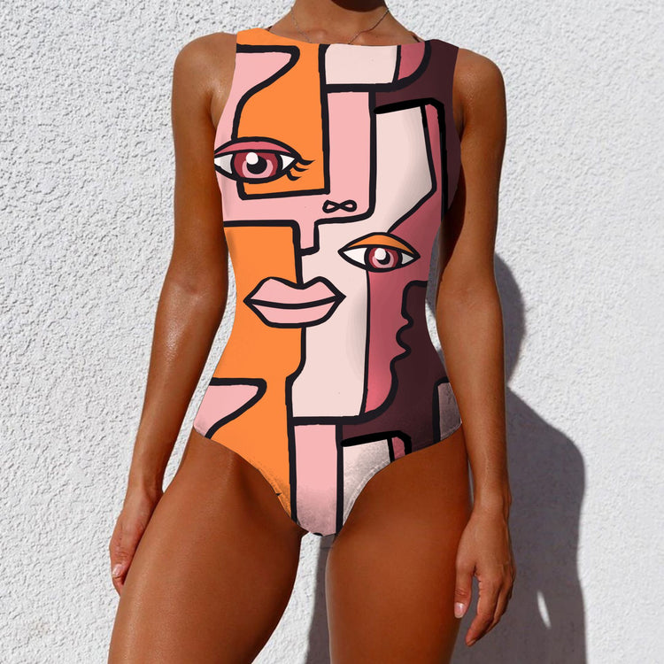 One-piece Fashion Vintage Abstract Print Lady Swimsuit Women Sleeveless Round Neck Bikini Swimwear Summer Push Up Swimsuit Lion-Tree