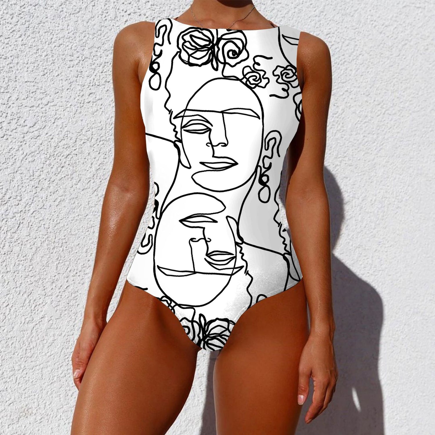 One-piece Fashion Vintage Abstract Print Lady Swimsuit Women Sleeveless Round Neck Bikini Swimwear Summer Push Up Swimsuit Lion-Tree