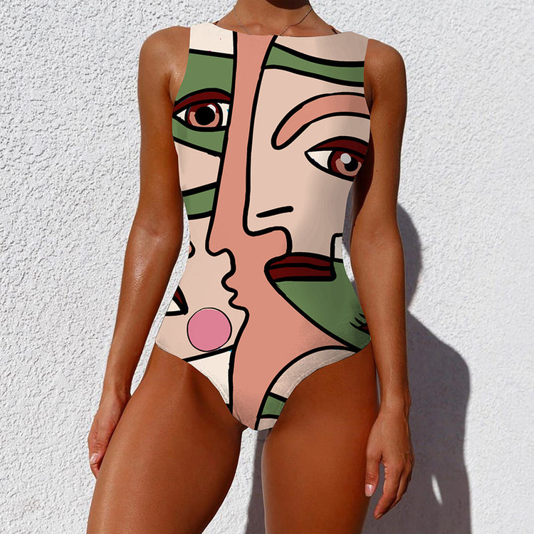 One-piece Fashion Vintage Abstract Print Lady Swimsuit Women Sleeveless Round Neck Bikini Swimwear Summer Push Up Swimsuit Lion-Tree