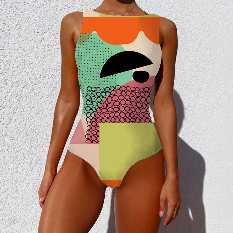 One-piece Fashion Vintage Abstract Print Lady Swimsuit Women Sleeveless Round Neck Bikini Swimwear Summer Push Up Swimsuit Lion-Tree