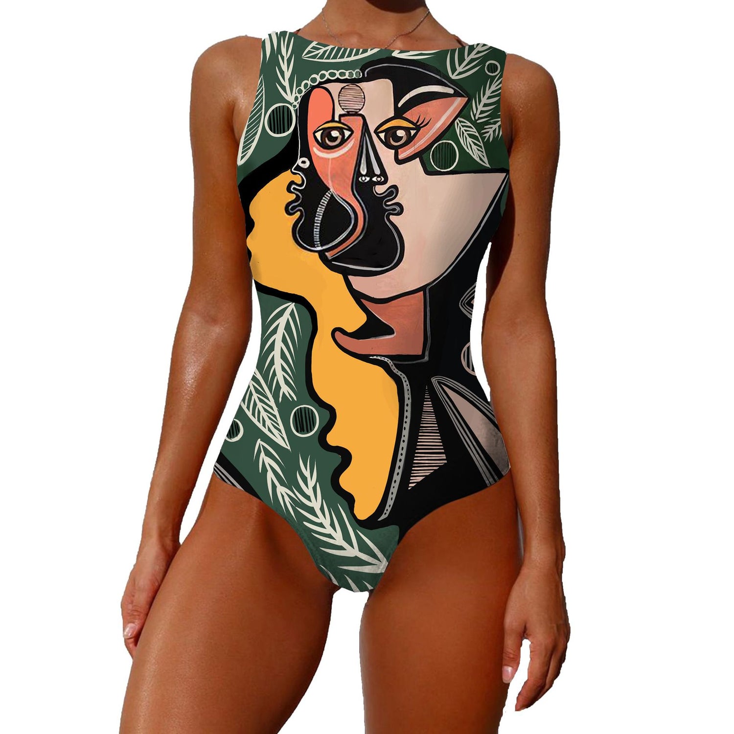 One-piece Fashion Vintage Abstract Print Lady Swimsuit Women Sleeveless Round Neck Bikini Swimwear Summer Push Up Swimsuit Lion-Tree