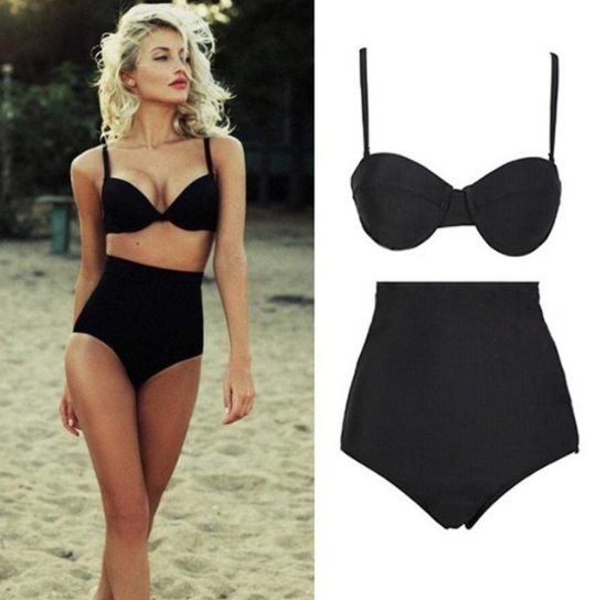 Solid color bikini swimsuit sexy black retro high waist bikini swimsuit Lion-Tree