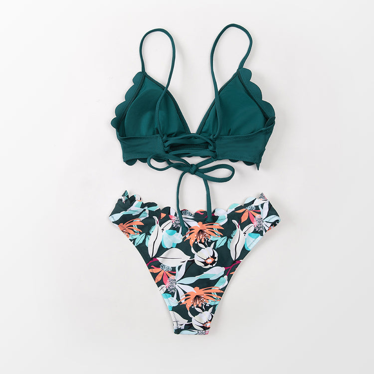 Cute Green Floral Scalloped Bikini Sets Women Swimsuit Lion-Tree