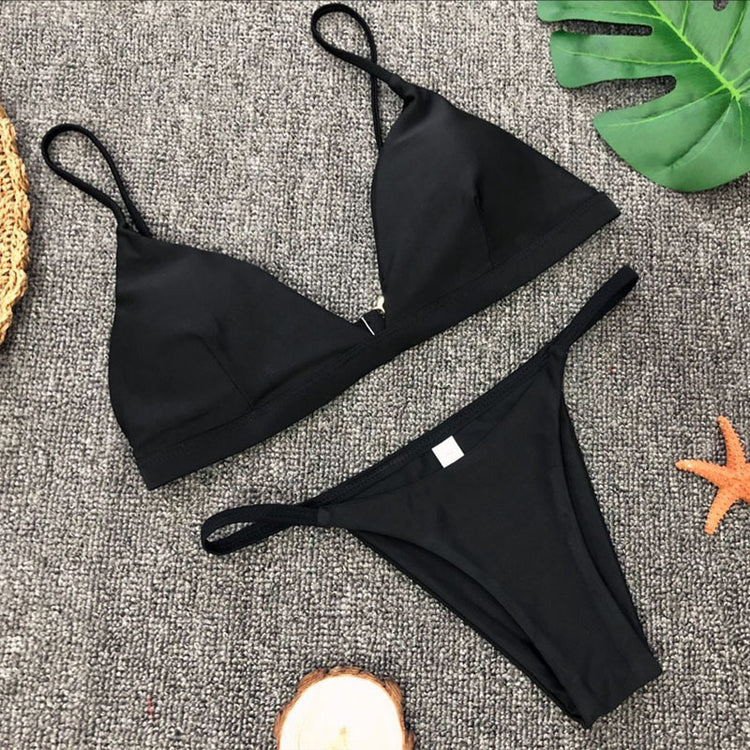 Solid Color Split Gathered V-shaped T-back Bikini Lion-Tree