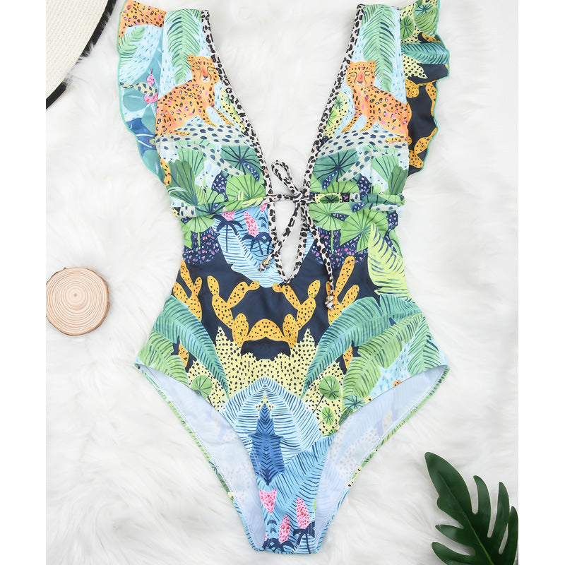 Strap Retro Digital Print Beach Swimsuit Lion-Tree