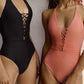 High waist conservative solid color halter one-piece swimsuit Lion-Tree