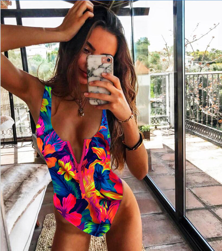 Ladies zipper sexy one-piece printed swimsuit women swimwear Lion-Tree