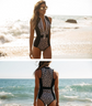 New European and American style swimsuit black and white retro print zipper one-piece bikini Lion-Tree