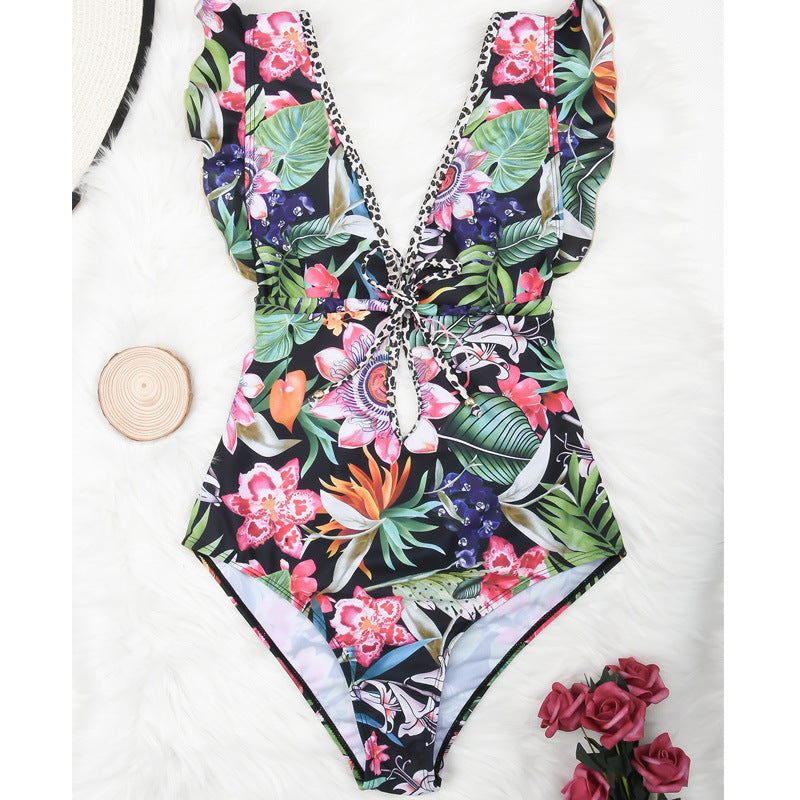 Strap Retro Digital Print Beach Swimsuit Lion-Tree