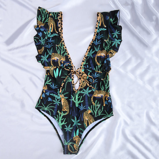 Strap Retro Digital Print Beach Swimsuit Lion-Tree