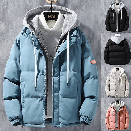 Fashion Hooded Jacket Men Winter Windproof Thickened Fake Two-piece Coat Solid Leisure Sports Cotton Jacket Lion-Tree